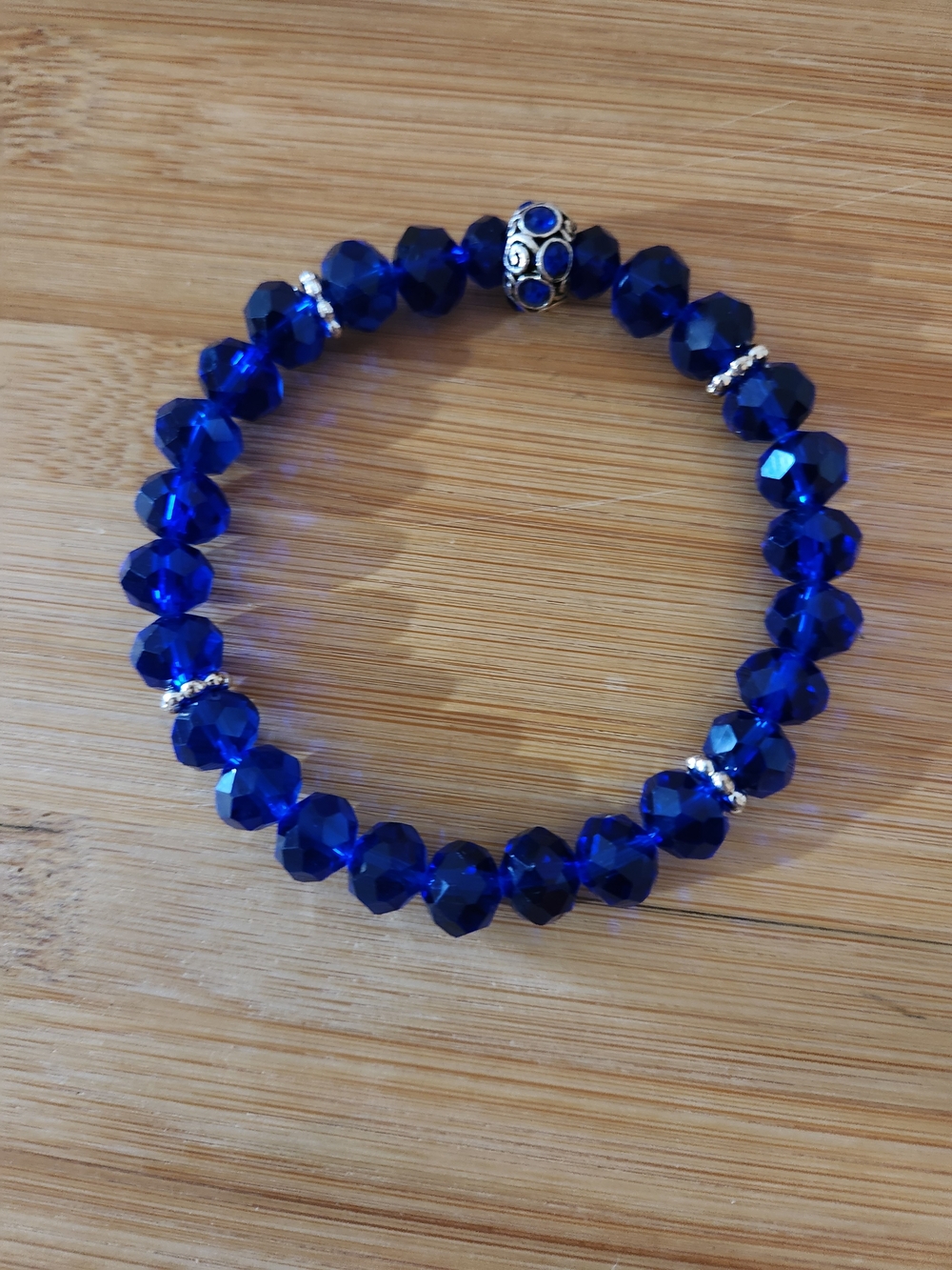Hand Crafted Cobalt Blue Faceted Glass Bead Bracelet with Silver Accent